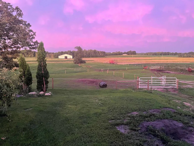 Pink sunset sky over the pasture at Yahweh Ranch